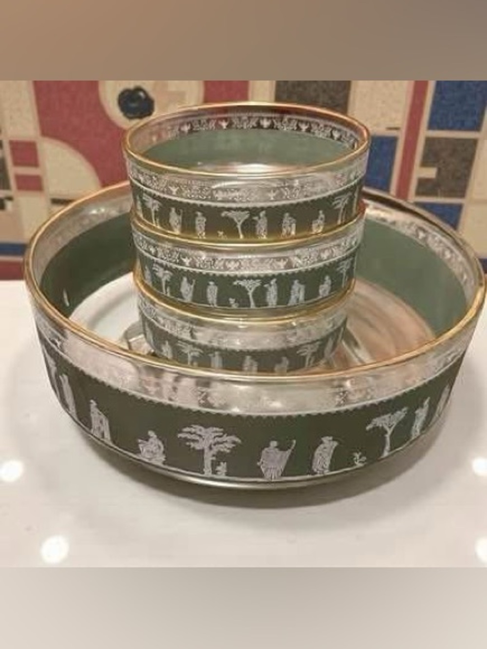 1960s Jeanette Glass Co. Hellenic Serving Bowl Set – Green & White Grecian